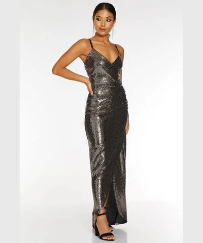 Women's Fitted Strappy Maxi Dress-Rose Gold Sequin Wrap Maxi Dress