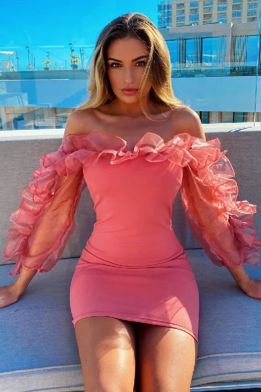 Women's Sexy Bodycon Dress -Rose Mesh Frill Neck Bardot Mini Bodycon Dress - Ellarae