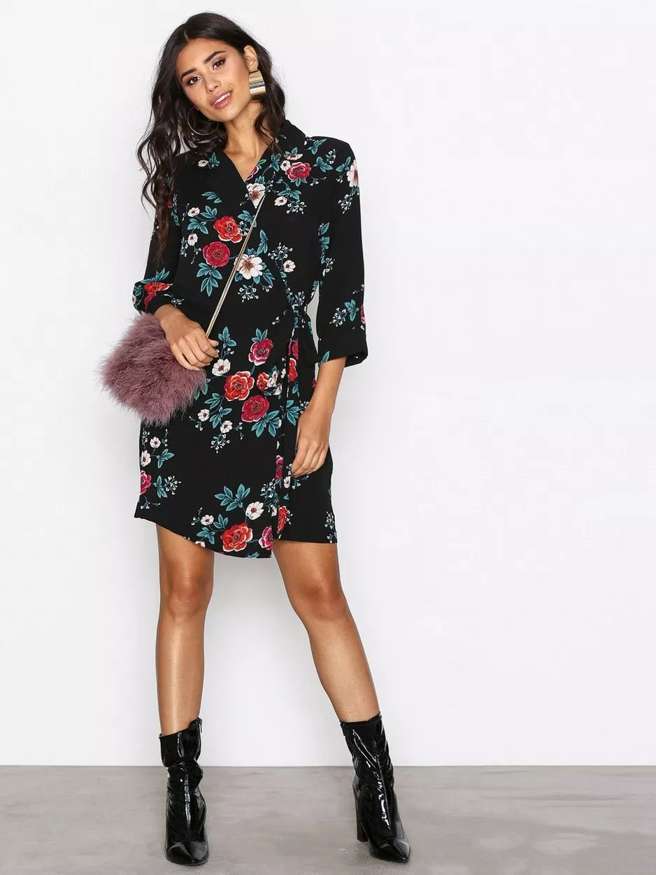 Classic Black Wrap Dress -Wrap Dress with Button Detail -Rose Print Wrap Dress