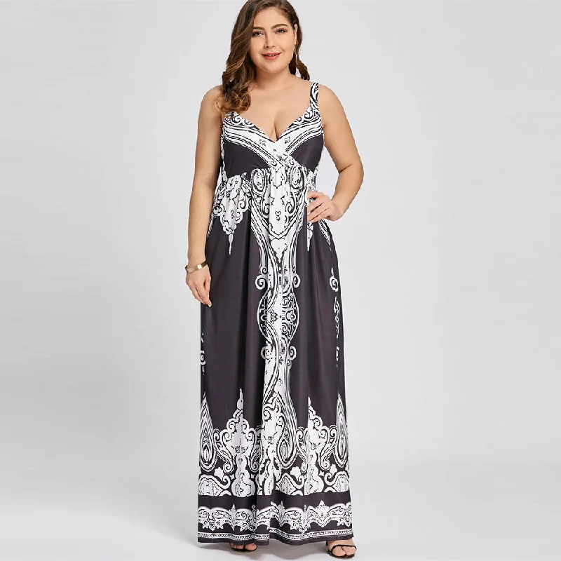 Women's Off-the-shoulder Boho Maxi Dress-Plus Size Arab Print Sleeveless Maxi Dress V-Neck Empire Robe Long Vintage Spaghetti Strap Sexy Dress Summer Women 2019