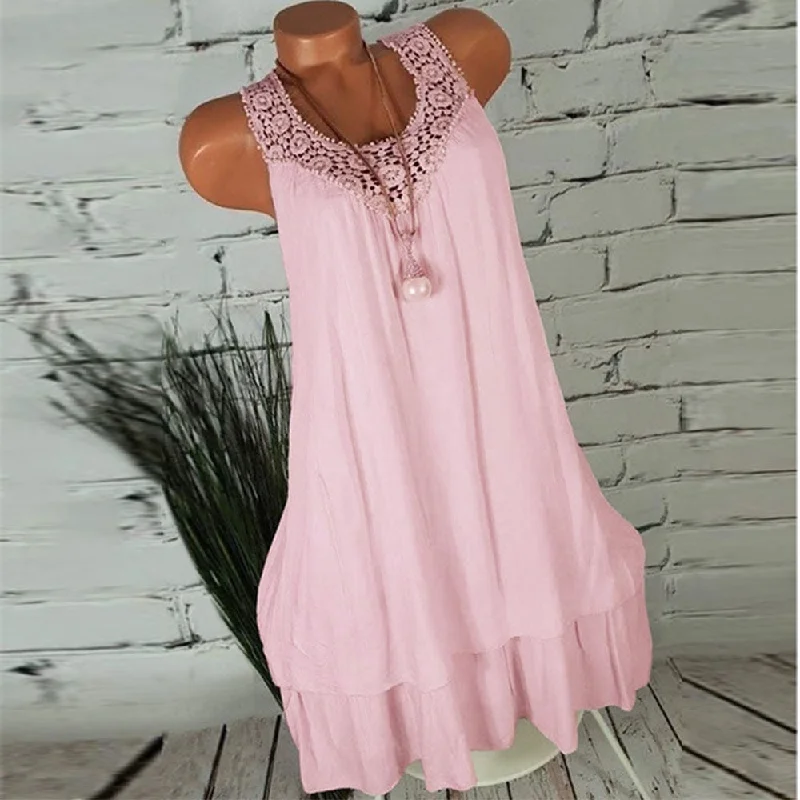 Women's Ruffled Neck Mini Dress-Plus Size Crochet Yoke Sleeveless Dress Women Lace Round Collar A-Line Mini Dress Casual Sexy Dress Holiday Vestidos Women's Ruffled Neck Mini Dress-Plus Size Crochet Yoke Sleeveless Dress Women Lace Round Collar A-Line Mini Dress Casual Sexy Dress Holiday Vestidos