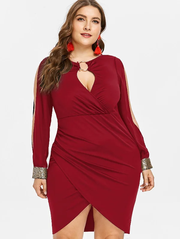 Bodycon Dress with Long Sleeve Lace -Plus Size Dress Women Keyhole Neck Sequined Slit Bodycon Dress Spring Autumn Party Dresses OL Club Dresses Vestidos 5XL