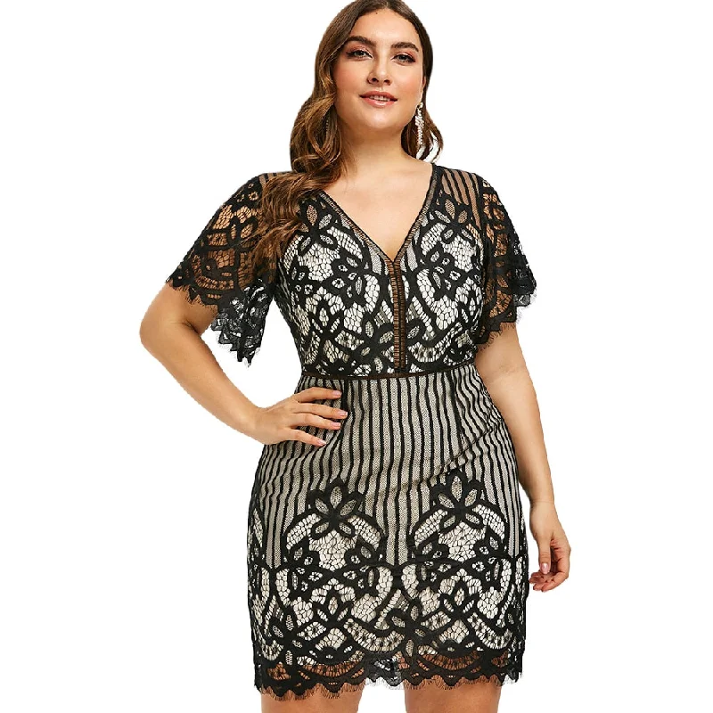 Bodycon Dress with Satin Fabric -Plus Size Lace Plunge Mini Fitted Dress Summer Short Sleeves V-Neck High Waist Stripe Women Party Dress Bodycon Vestidos