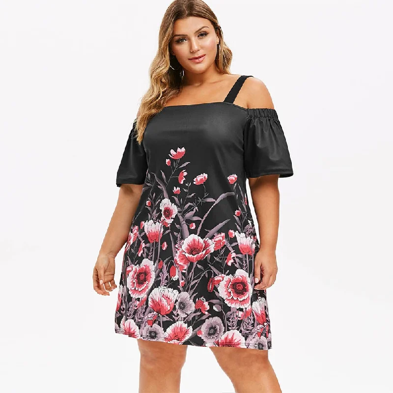 Purple Bodycon Dress -Plus Size Open Shoulder Floral Dress Square Collar Half Sleeves A-Line Dress Women Summer Sexy Holiday Bodycon Dress