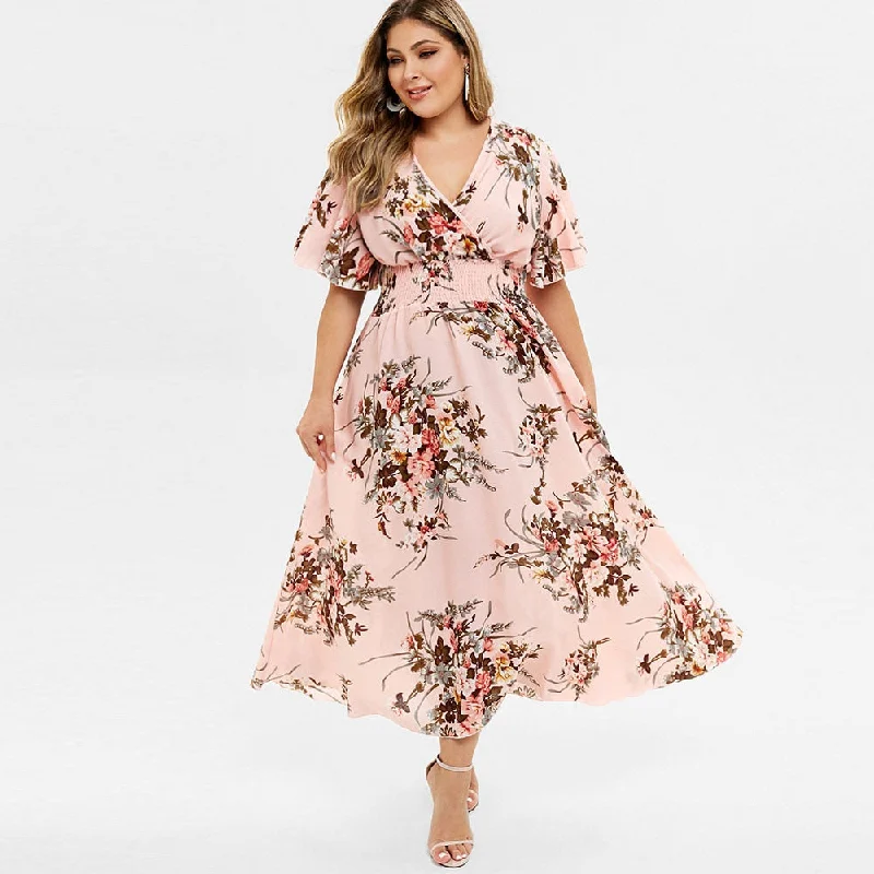 Women's Fitted Strappy Maxi Dress-Plus Size Women Floral Print Bohemian Maxi Dress V-Neck Half Sleeves A-Line Dress High Wasit Bohemian Holiday Dress