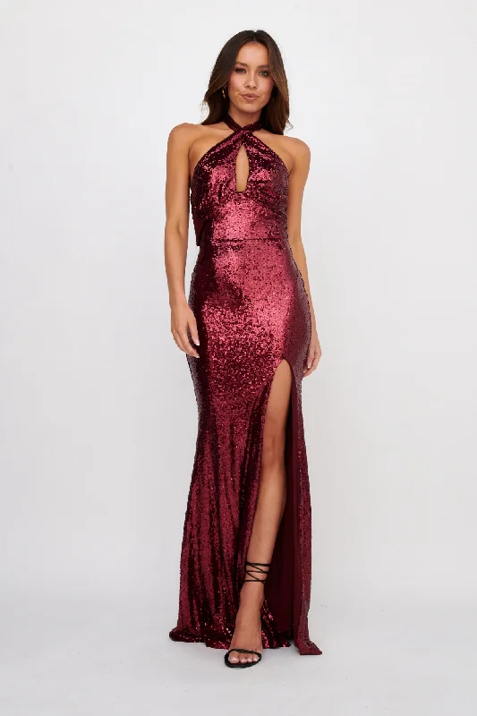 Women's A-line Pleated Maxi Dress-Rosella Halterneck Sequin Maxi Dress Burgundy