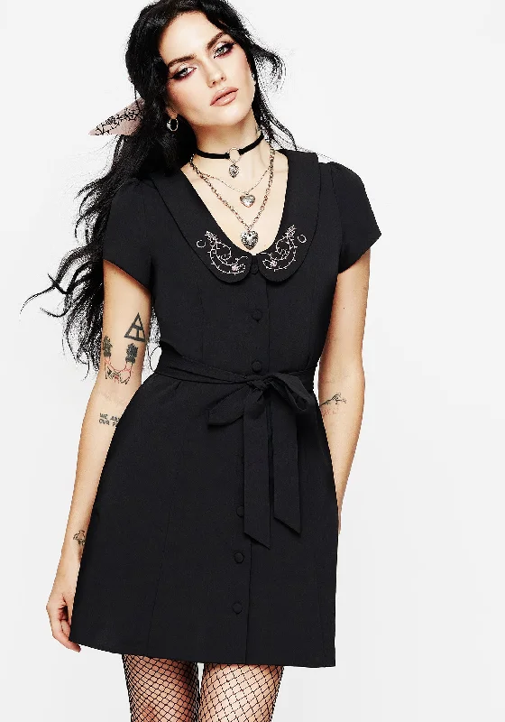 Dressy Button-up Shirt Dress-Rosethorn Embroidered Collar Mini Shirt Dress