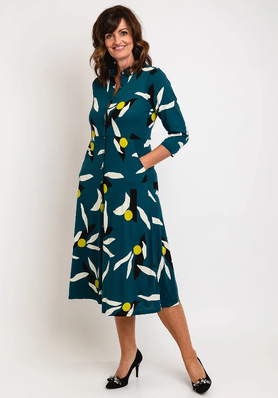 Stylish Work Shirt Dress-White Stuff Rua Print, Jersey Midi Shirt Dress, Teal