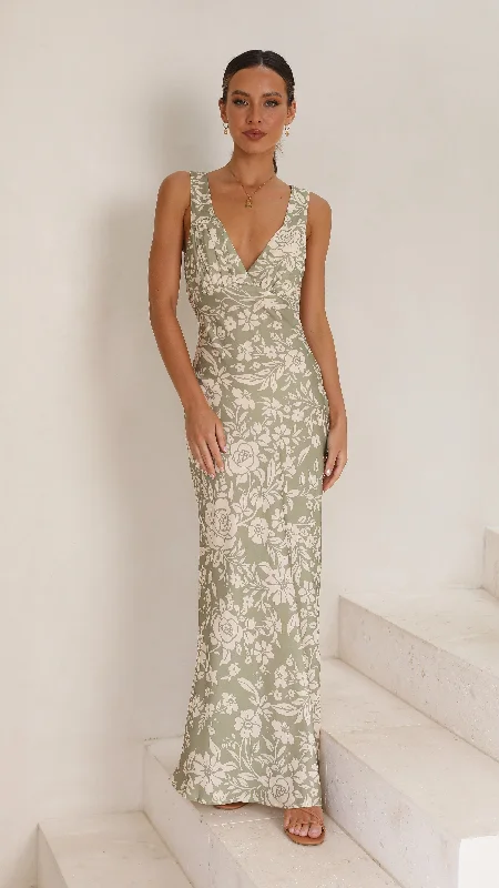 Women's Wraparound Maxi Dress-Rubie Maxi Dress - Green Floral