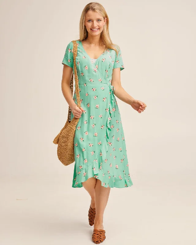 Casual Wrap Dress with Feminine Vibes -Pink Wrap Dress -Ruffle Nursing Wrap Dress - Green Floral Casual Wrap Dress with Feminine Vibes -Pink Wrap Dress -Ruffle Nursing Wrap Dress - Green Floral