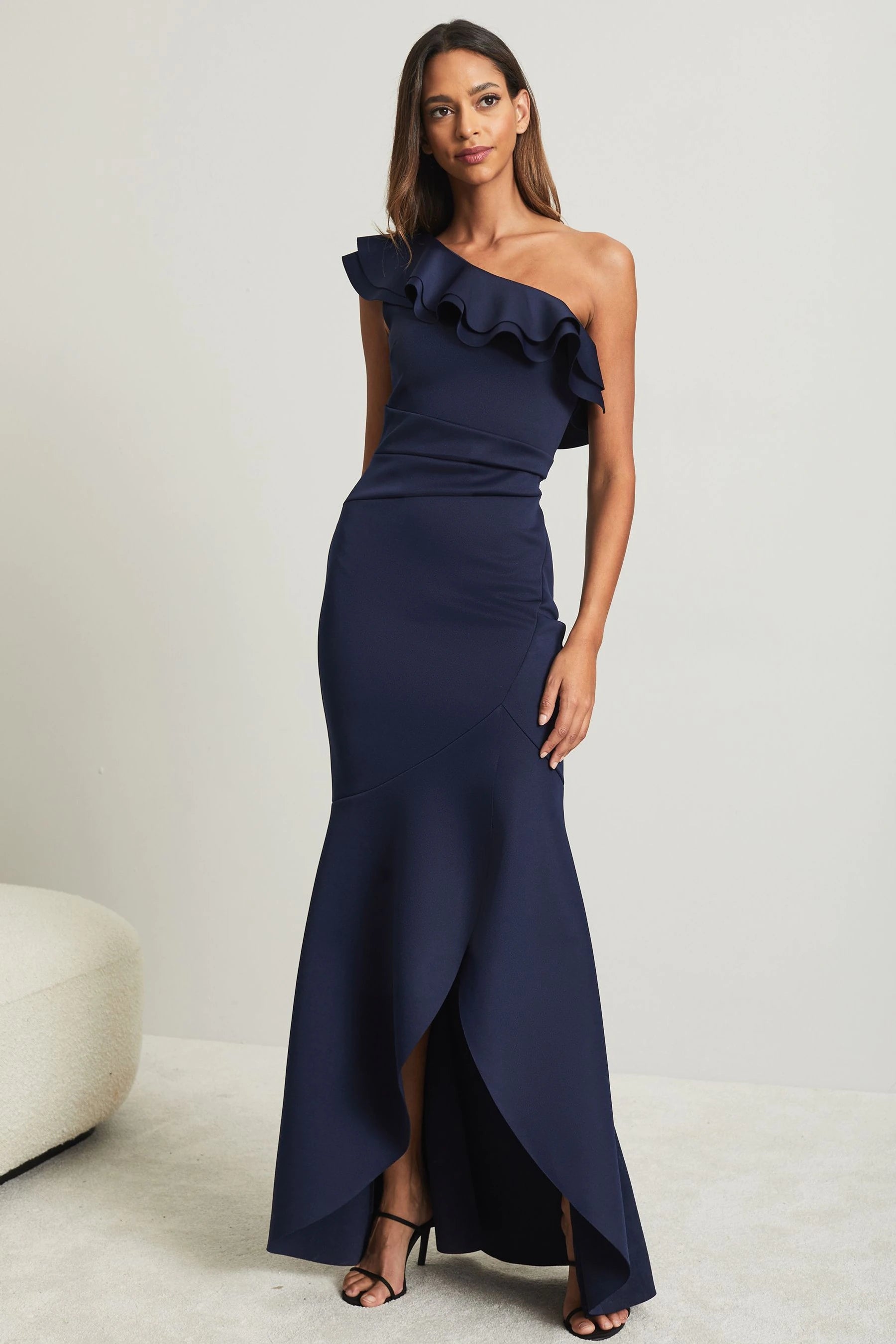 Women's Sheer Sleeve Maxi Dress-Ruffle One Shoulder Maxi Navy