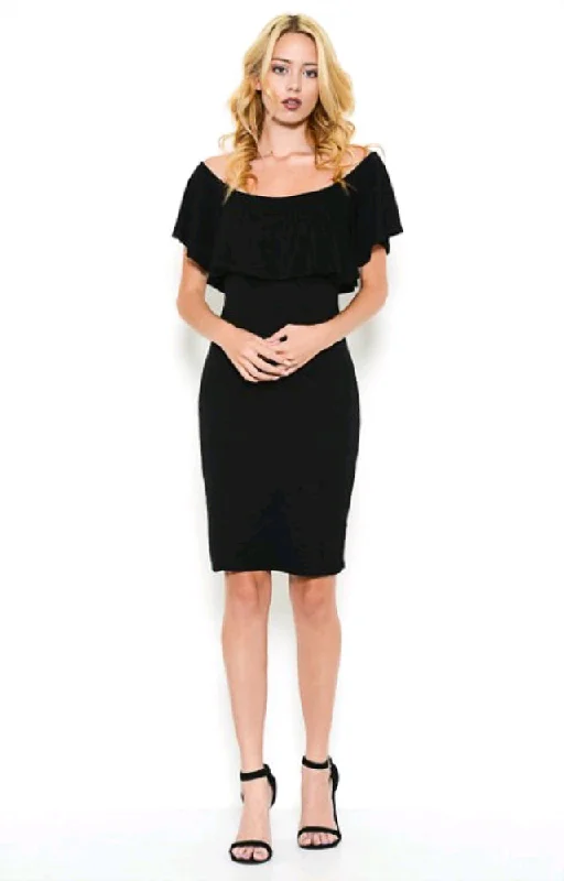 Black Bodycon Dress with Long Sleeves -Ruffled Off Shoulder Bodycon Dress