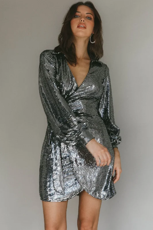 Embellished Shirt Dress-Ruma Faux Wrap Shirt Dress Sequin Metal