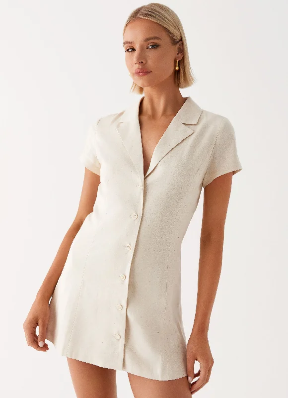 Women's Tiered Floral Mini Dress-Russo Linen Mini Dress - Oatmeal