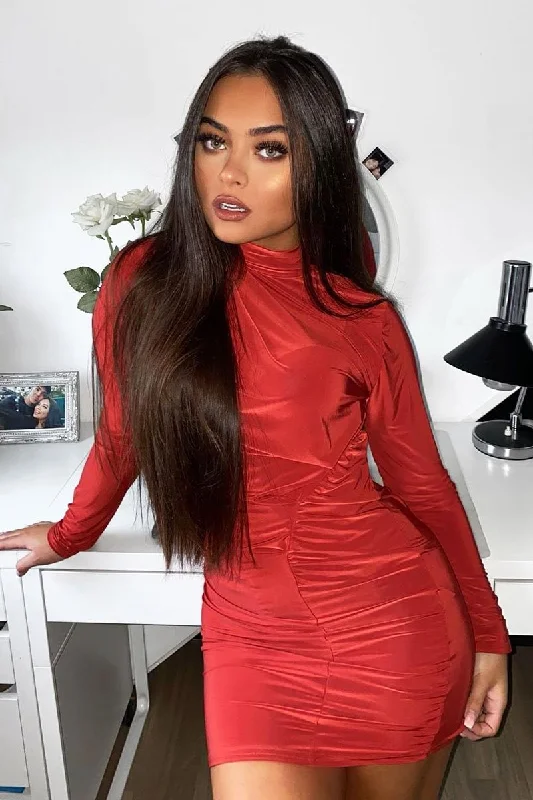 Women's Plus Size Black Bodycon Dress -Rust Slinky High Neck Ruched Front Bodycon Dress - Carola