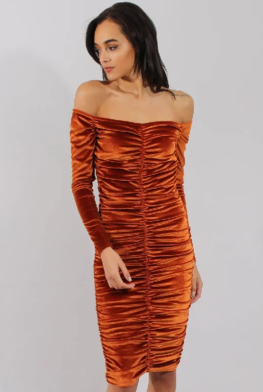 Bodycon Dress with Two-tone Details -Rust Velvet Ruched Bardot Bodycon Dress - Louise