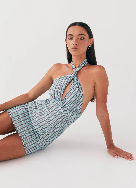 Women's Puff Sleeve Mini Dress-Sabine Linen Mini Dress - Coastal Stripe