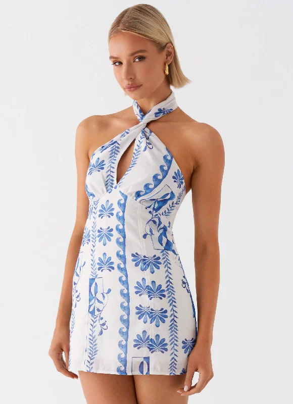 Women's Embroidered Lace Mini Dress-Sabine Linen Mini Dress - Floral Wave