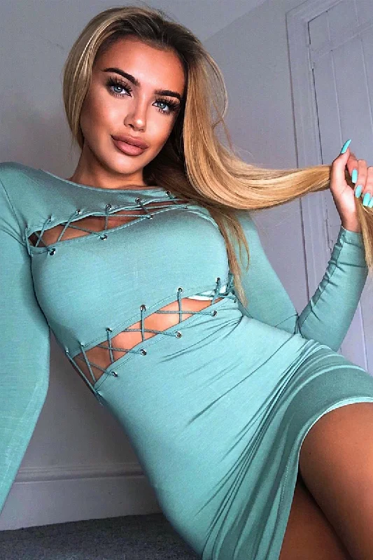 Women's Houndstooth Mini Dress-Sage Lace Up Detail Mini Dress - Tari