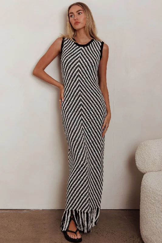 Women's Sexy High-low Maxi Dress-Same Place Fringed Knit Maxi Dress Black
