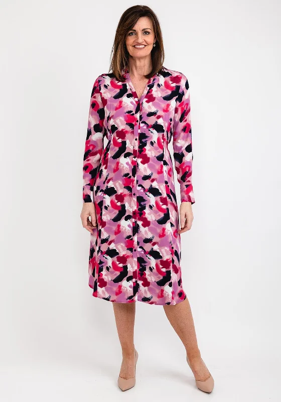 Women's A-line Shirt Dress with Pockets-Sandwich Leopard Print Shirt Dress, Pink Multi