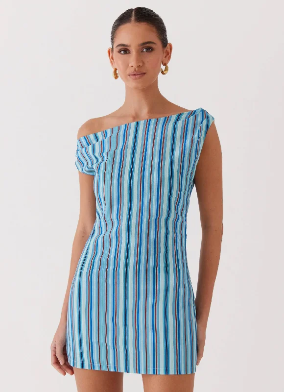 Women's Floral Print Mini Dress-Saona Off Shoulder Mini Dress - Blue Stripe