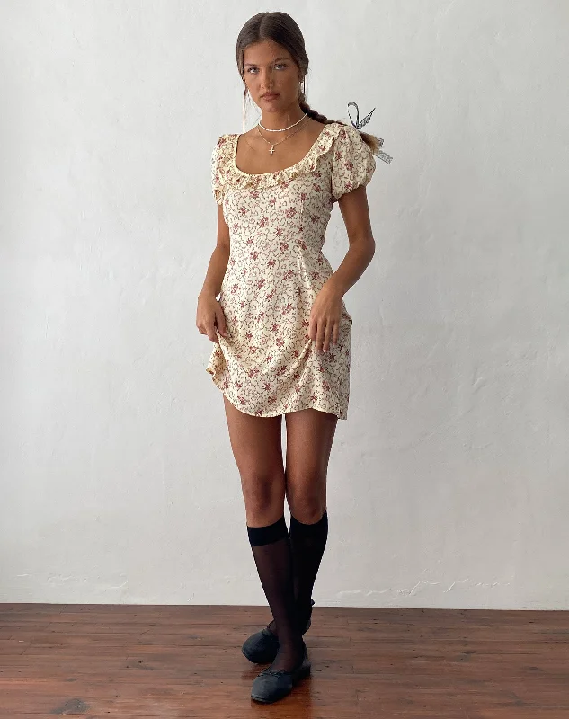 Women's Square Neck Mini Dress-Sasyana Mini Dress in Flower Chain Cream