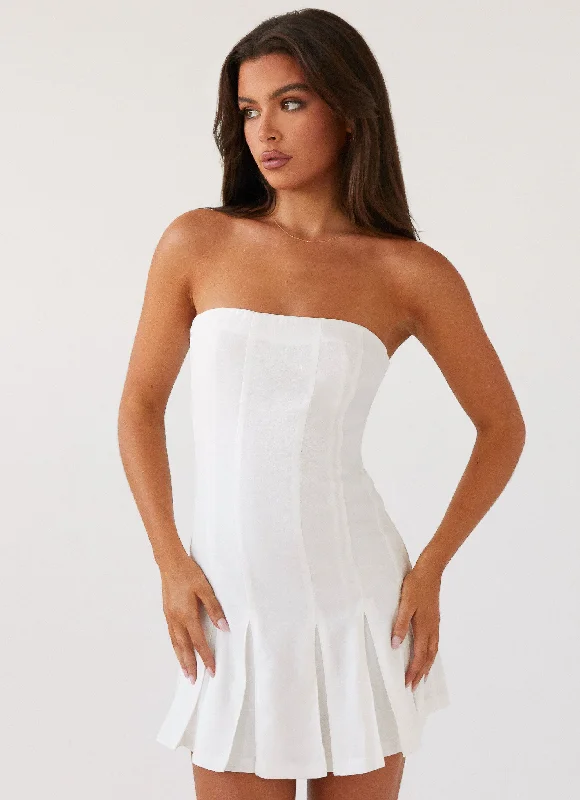 Women's Tiered Mini Dress-Saving Hearts Linen Mini Dress - White