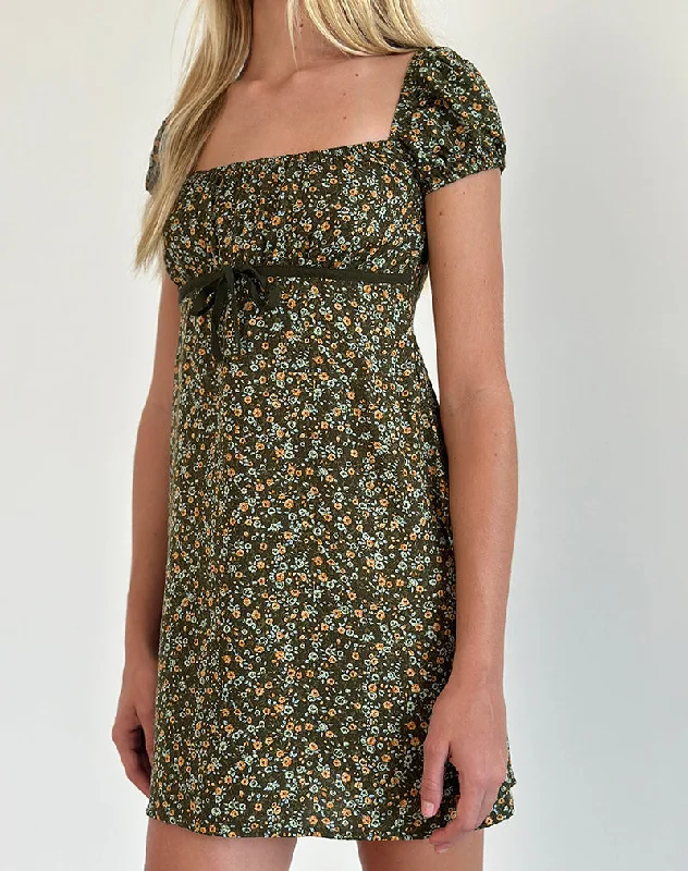Women's Curved Hem Mini Dress-Savio Mini Dress in Grunge Floral Khaki
