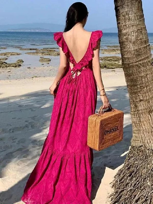 Women's Maxi Dress with Beads-Saz Summer Maxi Dress in Pink