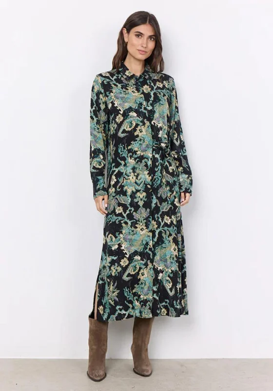 Cool Shirt Dress-Soyaconcept Takari Abstract Ornate Maxi Shirt Dress, Dark Green