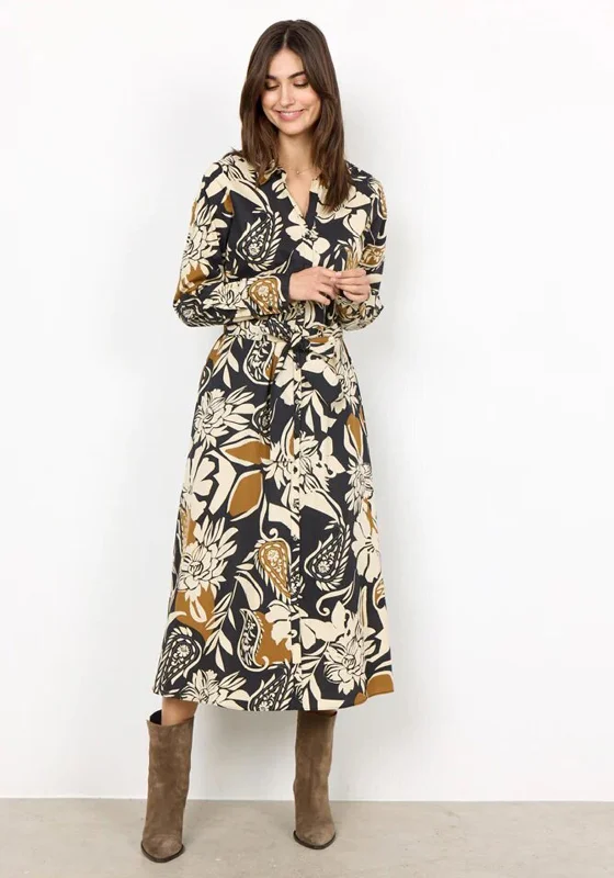Embellished Shirt Dress-Soyaconcept Tamaya Floral Print Midi Shirt dress, Camel