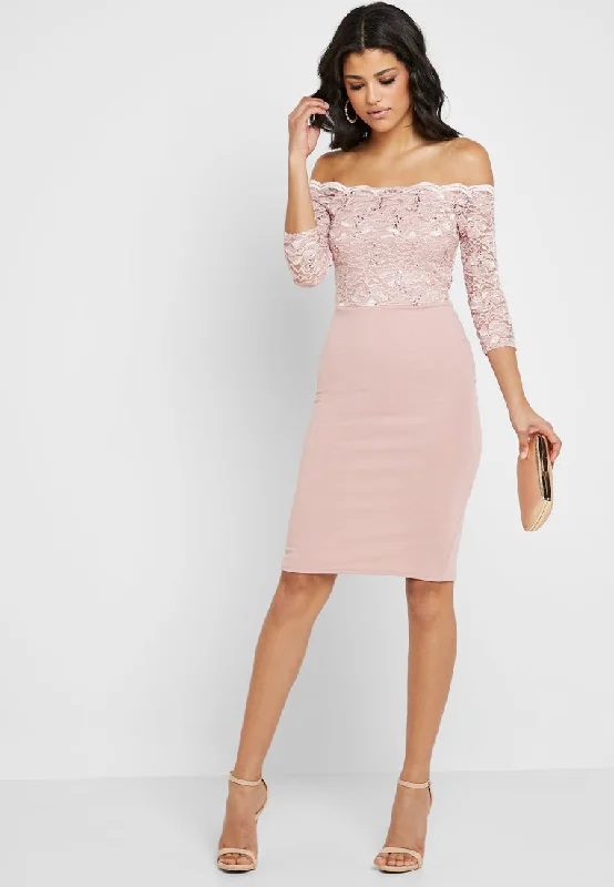 Women's Colorblock Bodycon Dress -Scallop Bardot Lace Bodycon Dress
