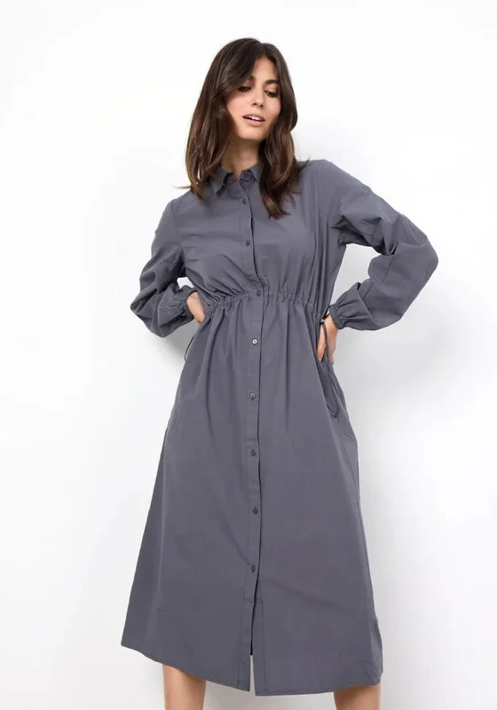 Casual Women's Shirt Dress-Soyaconcept Milly Drawstring Waist Midi Shirt Dress, Grey Casual Women's Shirt Dress-Soyaconcept Milly Drawstring Waist Midi Shirt Dress, Grey