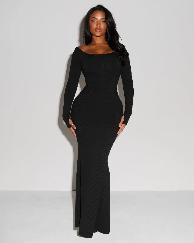 Long-Sleeve Velvet Party Dress for Winter Night -Scoopy Long Sleeve Rib Mermaid Dress - Black