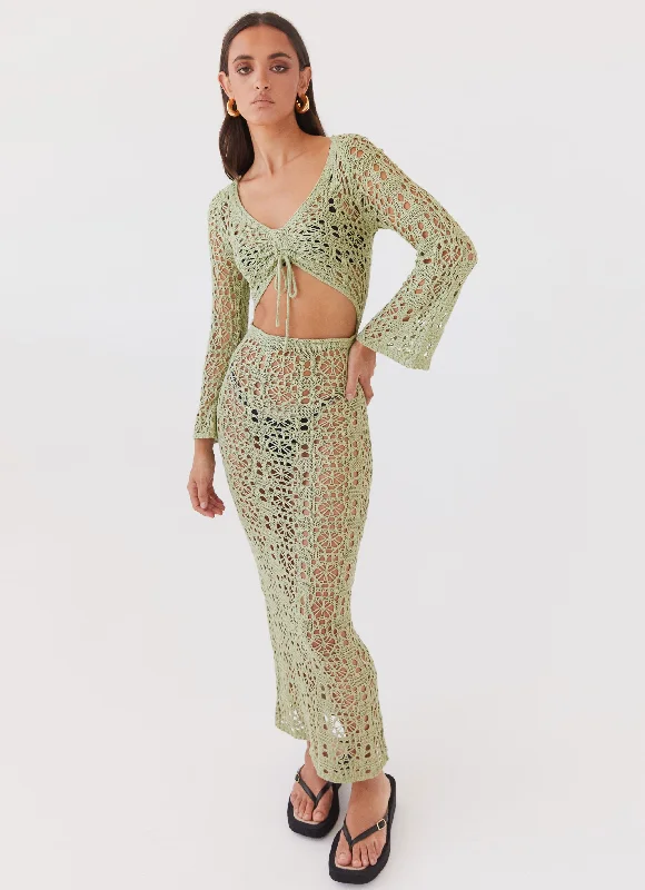 Women's Multicolor Maxi Dress-Seaside Soiree Crochet Maxi Dress - Light Olive