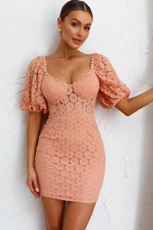 Bodycon Dress with Bold Pattern -Secret Crush Puff Sleeve Floral Lace Bodycon Dress Peach