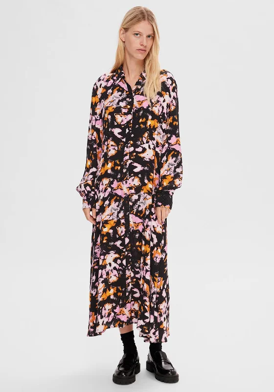 Printed Shirt Dress for Women-Selected Femme Irene Ankle Length Patterned Shirt Dress, Black