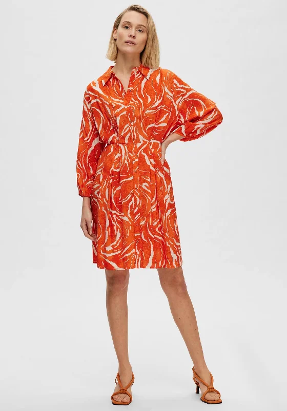 Women's Simple Long Shirt Dress-Selected Femme Sirine Print Shirt Dress, Orangeade