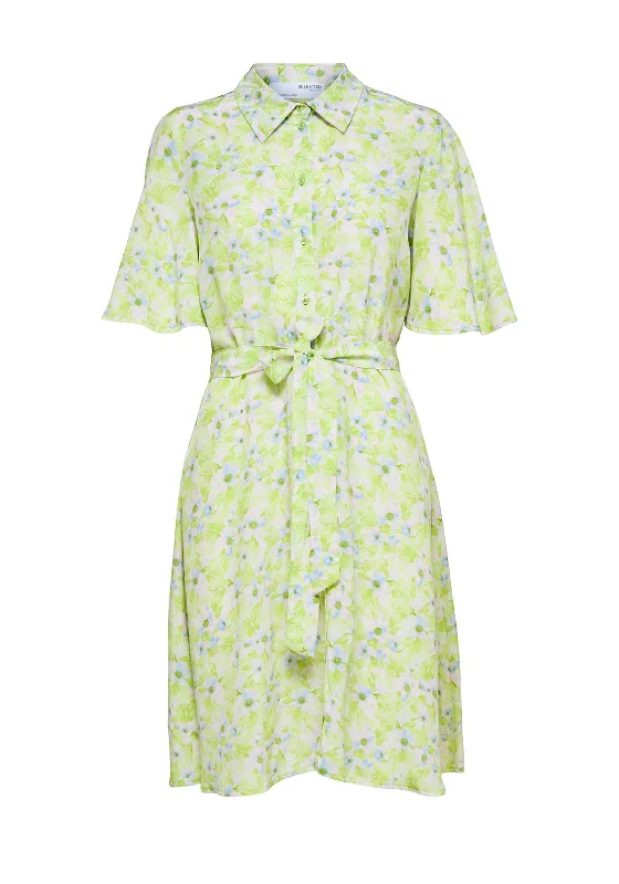 Cotton Printed Shirt Dress-Selected Femme Teresa Floral Mini Shirt Dress, Sharp Green