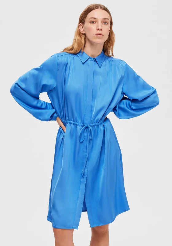 Day-to-night Shirt Dress-Selected Femme Thea Satin Feel Shirt Dress, Nebulas Blue