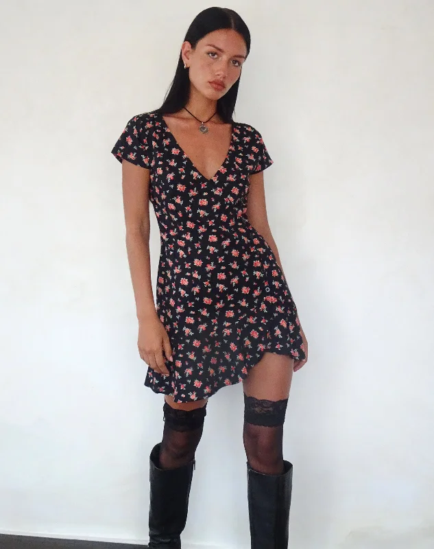 Women's Lace-up A-line Mini Dress-Seleg Mini Dress in Flowing Rose Black