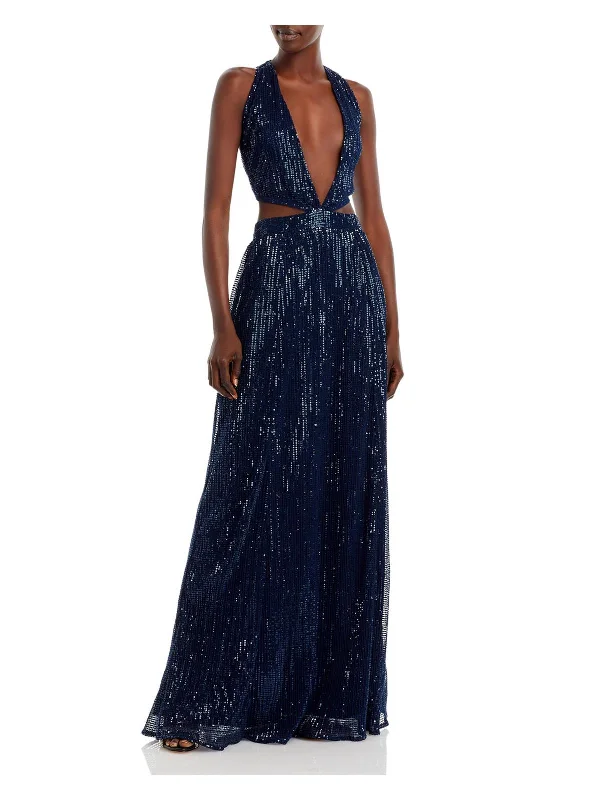 Puff Sleeve Party Dress for Fun Vibe -Selena Womens Sequined Cut-Out Evening Dress