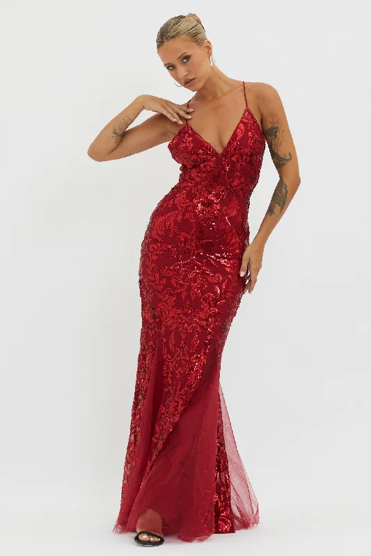 Women's Buttoned Maxi Dress-Serenade Song Godet Hem Sequin Maxi Dress Red