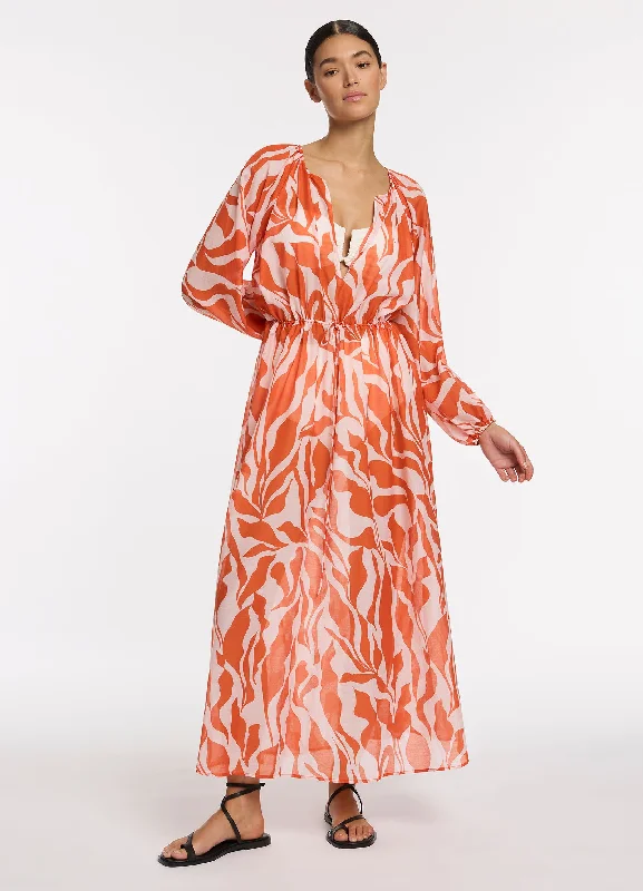 Women's High-waisted Maxi Dress-Sereno Ditsy Long Sleeve Maxi Dress - Coral