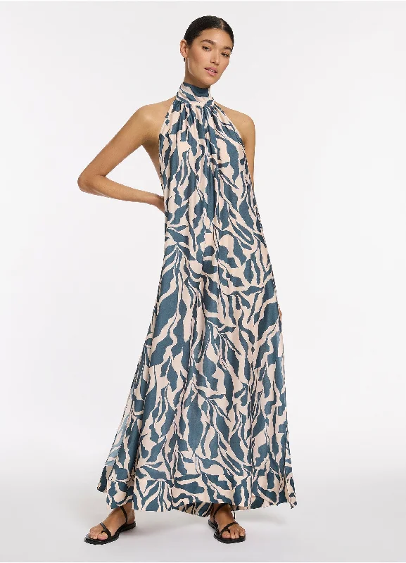 Women's Embellished Strap Maxi Dress-Sereno Halter Maxi Dress - Steel Blue
