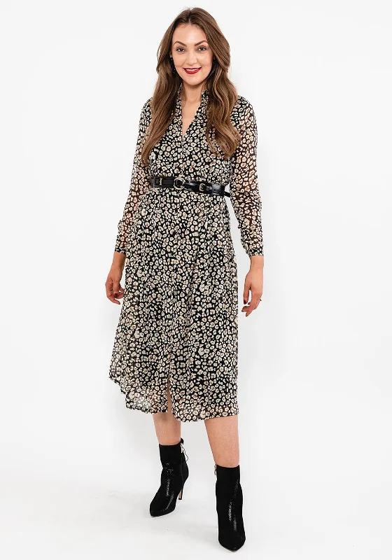 Stylish A-line Shirt Dress-Seventy1 Leopard Print Midi Shirt Dress, Black Multi