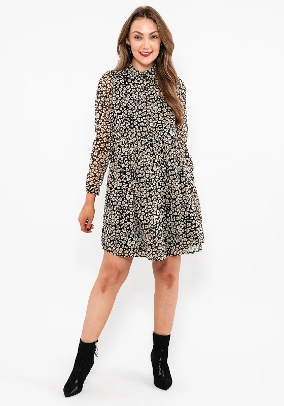 Button-up Plaid Shirt Dress-Seventy1 Leopard Print Mini Shirt Dress, Black Multi