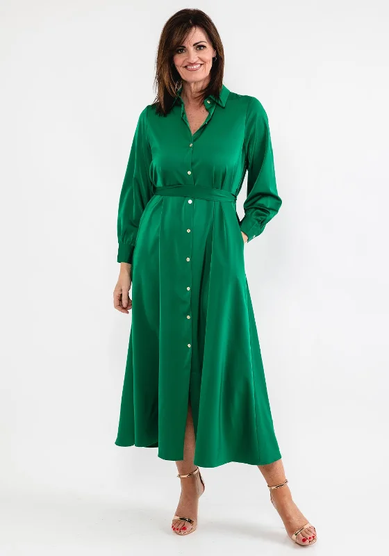 Stylish V-neck Shirt Dress-Seventy1 Satin Maxi Shirt Dress, Green