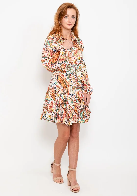 Button-down Shirt Dress-Seventy1 Paisley Pleated Mini Shirt Dress, Yellow Multi
